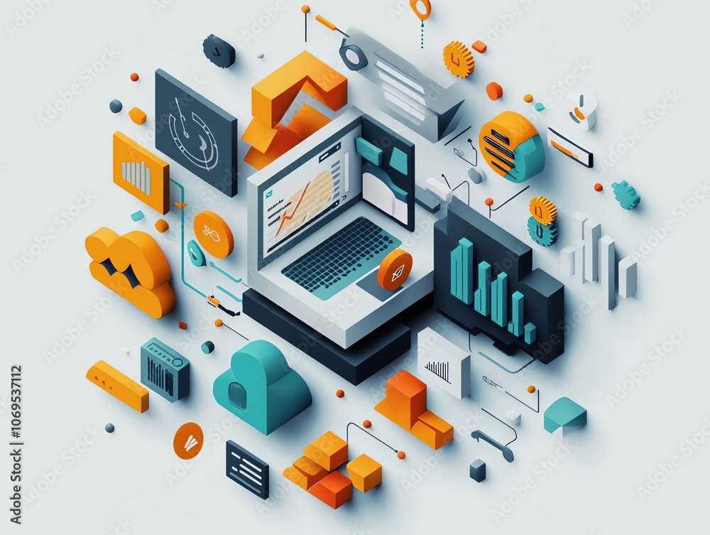 Obraz premium A 3D isometric illustration of a laptop surrounded by various icons representing business and technology.