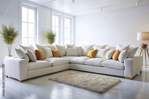 A Cozy Urban Living Room Featuring a Large White Sectional Sofa Surrounded by Decorative Pillows on a Minimalist White Background for Modern Home Decor Inspiration