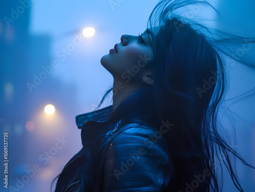 Woman in foggy night city
