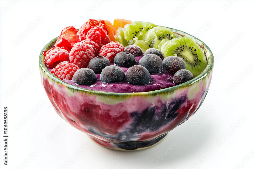 Funky Smoothie Bowl with Vibrant Fruits and Flowers on White Background
