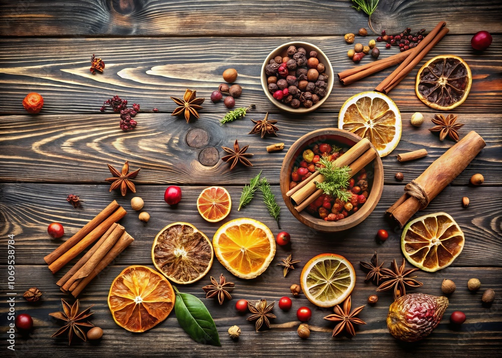 Aroma Potpourri and Spices on a Wooden Table - A Flat Lay Composition with Copy Space for Text - Perfect for Home Decor and Natural Fragrance Themes Aroma Potpourri and Spices on a Wooden Table - A Flat Lay Composition with Copy Space for Text - Perfect for Home Decor and Natural Fragrance Themes