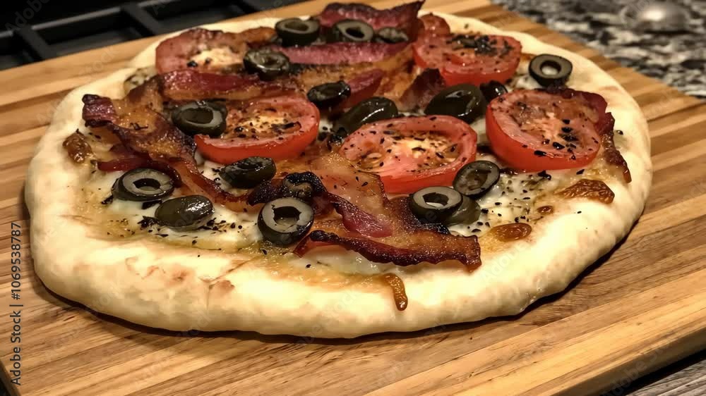 A fresh pizza with bacon, tomato, and black olives sits on a wooden cutting board A fresh pizza with bacon, tomato, and black olives sits on a wooden cutting board