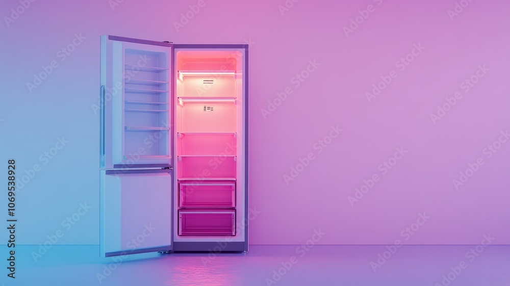 Pink-lit open refrigerator in empty purple room Stylish futuristic lighting Pink-lit open refrigerator in empty purple room Stylish futuristic lighting