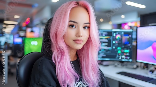 Creative professional inspires with pink hair while working in a modern digital office environment