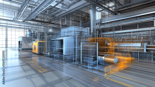 A 3D rendering of a factory floor with industrial machinery in a wireframe view.