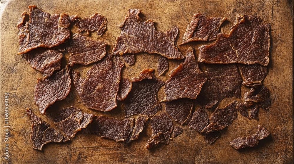 Dried meat slices on wooden surface, showcasing texture and color