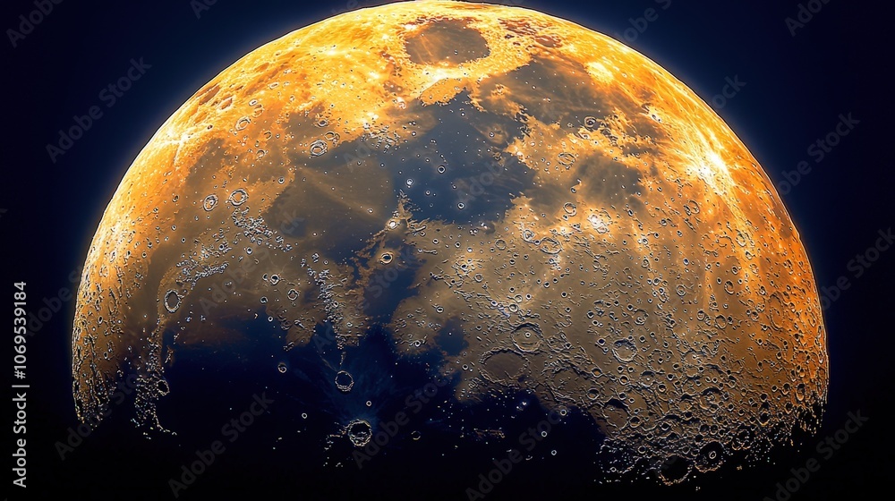 Fototapeta premium A detailed view of the moon's surface illuminated during the night sky