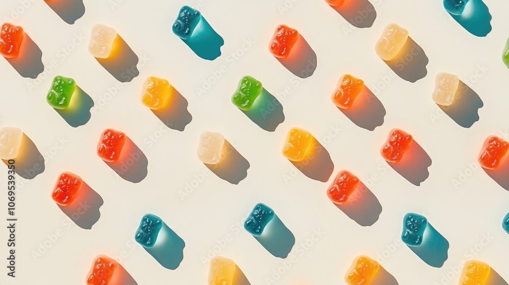 Colorful gummies arranged in neat diagonal rows, casting shadows Colorful gummies arranged in neat diagonal rows, casting shadows