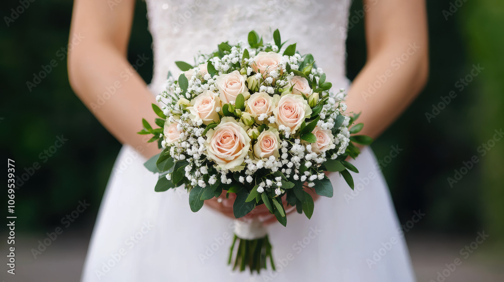 A bride holds a delicate bouquet of roses and baby's breath, symbolizing love and beauty, set against a soft green background. A bride holds a delicate bouquet of roses and baby's breath, symbolizing love and beauty, set against a soft green background.