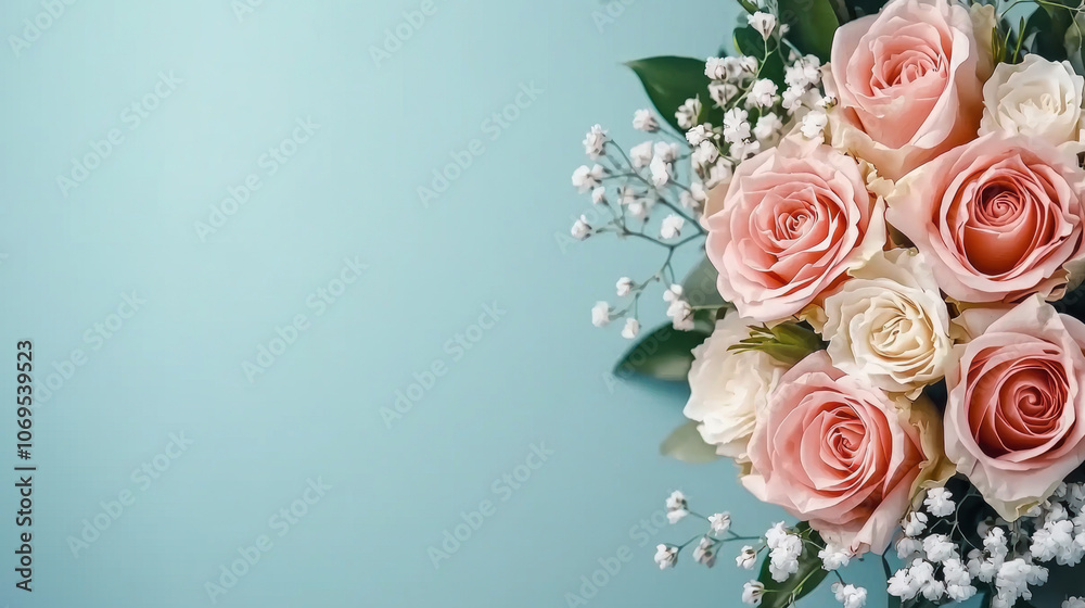 A bouquet of soft pink roses with delicate white accents, set against a tranquil blue background, exuding elegance and freshness. A bouquet of soft pink roses with delicate white accents, set against a tranquil blue background, exuding elegance and freshness.