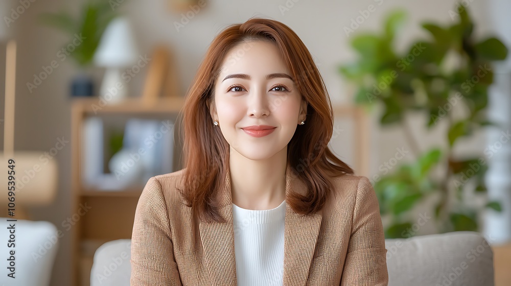 Confident young woman smiling in a cozy modern living room setting Confident young woman smiling in a cozy modern living room setting