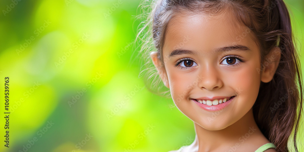 Smiling little latina girl, ponytail hairstyle. Blurred nature background