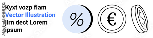 Blue percentage sign, Euro symbol, and coin icon. Ideal for financial websites, banking apps, investment guides, economic blogs, online stores, financial reports, presentations, landing page