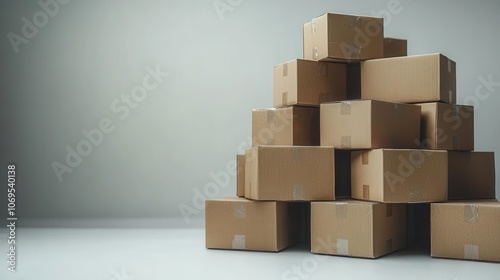 a neatly arranged stack of cardboard boxes, isolated against a white background, representing efficient storage and shipping solutions with a clean, minimalist aesthetic