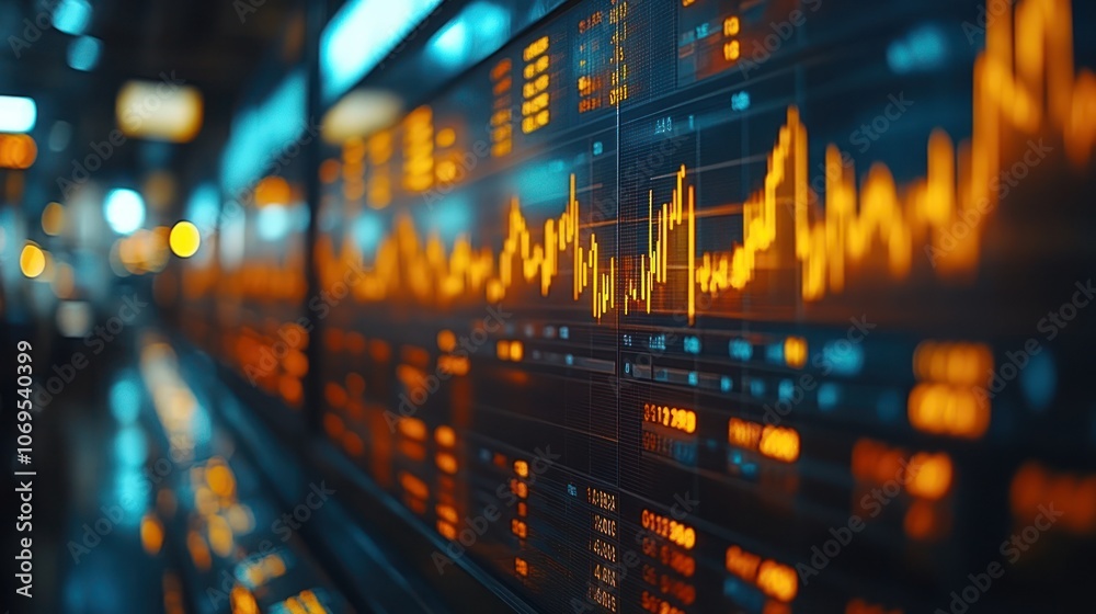 A close-up of a large digital display showing financial data and stock market charts. The display is brightly lit with orange and blue lights, with a blurred background of city lights. A close-up of a large digital display showing financial data and stock market charts. The display is brightly lit with orange and blue lights, with a blurred background of city lights.