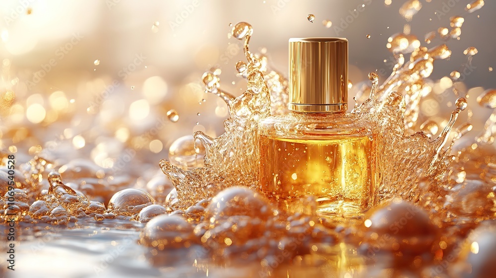 A depiction of beauty serum bubbles emphasizes the luxurious aspect of cosmetic products in gold tones.