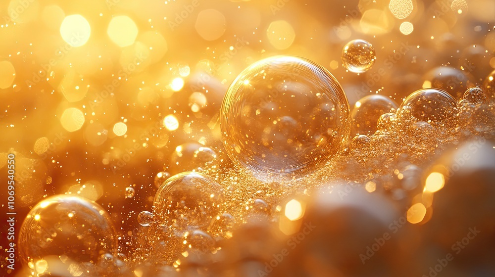 A depiction of beauty serum bubbles emphasizes the luxurious aspect of cosmetic products in gold tones. A depiction of beauty serum bubbles emphasizes the luxurious aspect of cosmetic products in gold tones.