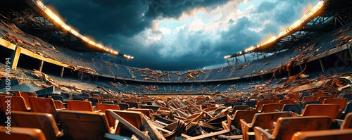A dramatic view of a deserted stadium, showcasing scattered debris and ominous clouds, creating a sense of abandonment and desolation.