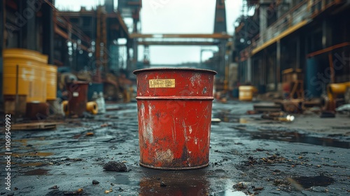 a rusty red paint bucket sitting in a busy construction zone, embodying the raw essence of building and creativity in an industrial environment filled with tools and materials