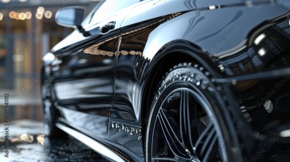 Black sports car showing off its amazing wheel design with copy space. AI generated images Black sports car showing off its amazing wheel design with copy space. AI generated images