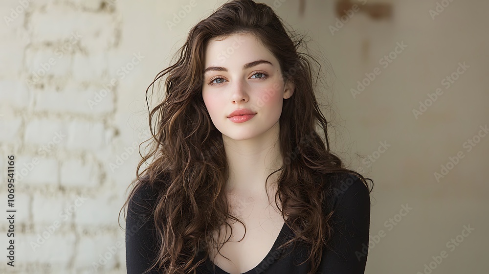 Young woman with natural beauty poses gracefully in soft lighting for portrait photography