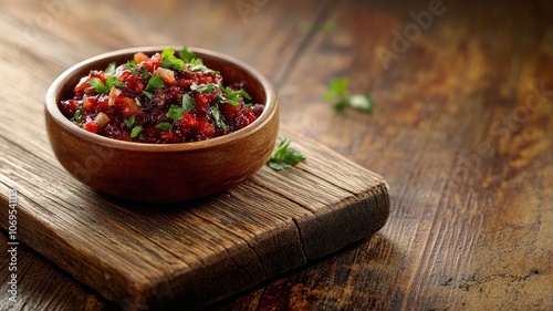 Fresh cranberry relish in bowl on rustic wooden table, garnished with parsley