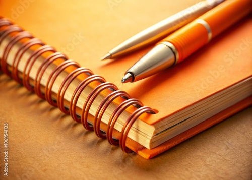 Close-Up of an Orange Pen on a Spiral-Bound Notepad, Symbolizing Readiness for Note-Taking and Creativity, Perfect for Inspiring New Ideas and Concepts in a Study Environment