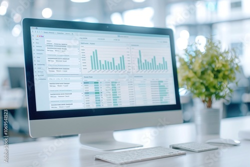 Modern computer monitor with business analytics dashboard, charts and graphs, open office background, potted plant on desk, corporate workspace setup