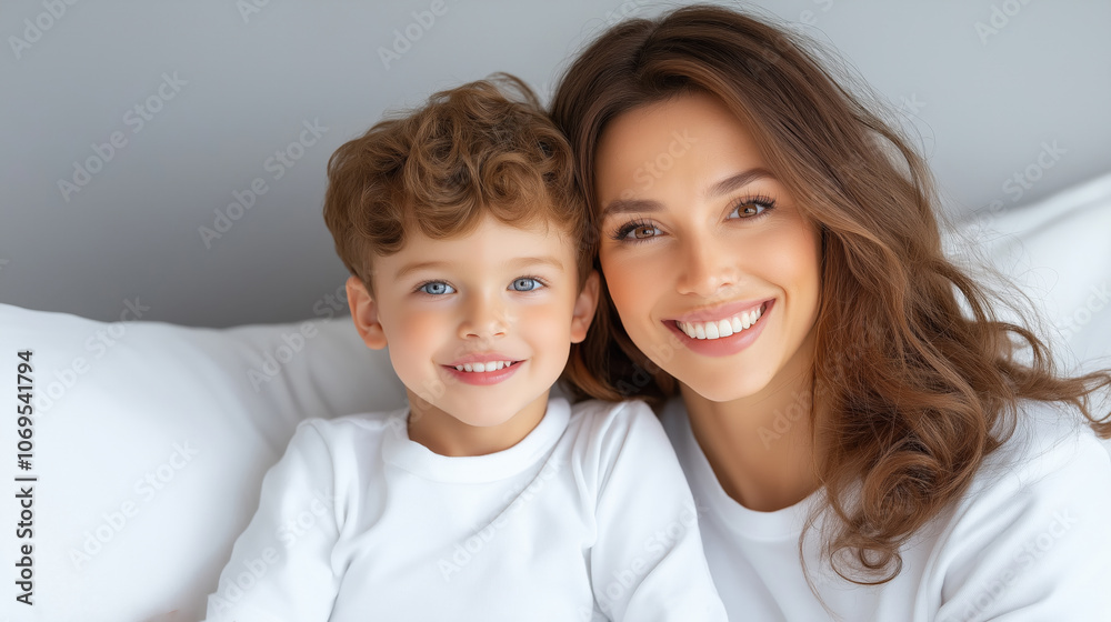 Smiling mother and son relaxing together in cozy home setting Smiling mother and son relaxing together in cozy home setting