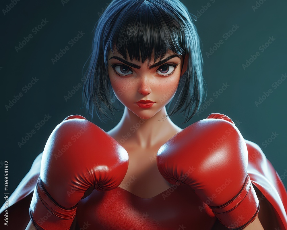 3d illustration of a strong and powerful superhero girl wearing a red cape and boxing gloves, getting ready to fight 3d illustration of a strong and powerful superhero girl wearing a red cape and boxing gloves, getting ready to fight