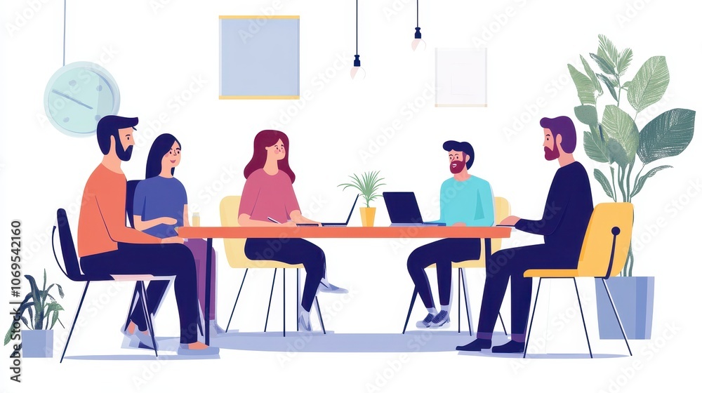 6 people sitting on chairs in a semicircle around a table, office 6 people sitting on chairs in a semicircle around a table, office