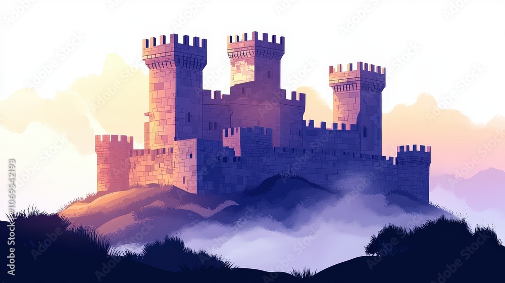 Misty Medieval Castle on a Hill with Dramatic Lighting Misty Medieval Castle on a Hill with Dramatic Lighting