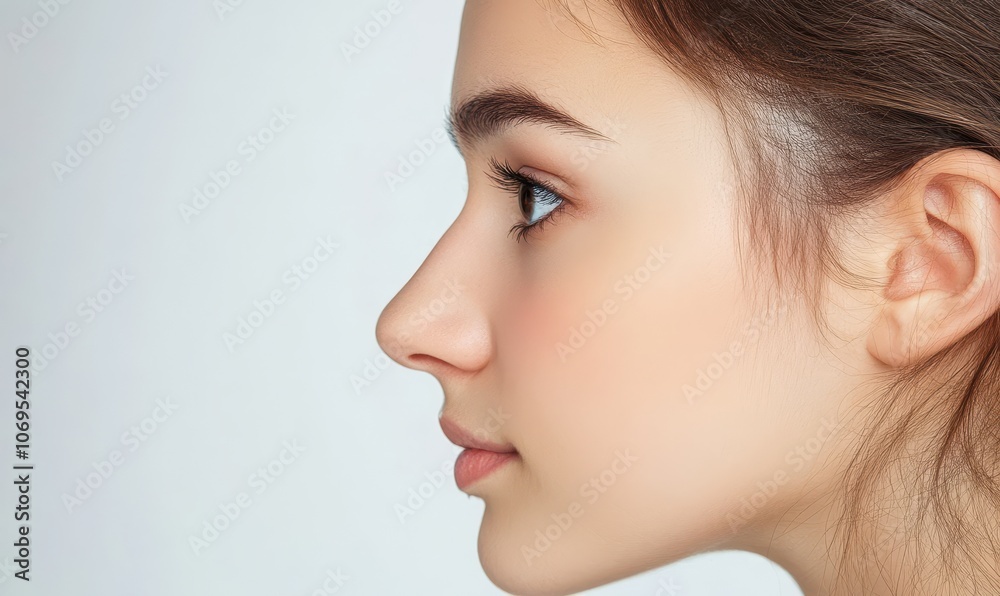 A beautiful young woman touches her nose with a hump on a white background in this profile portrait A beautiful young woman touches her nose with a hump on a white background in this profile portrait