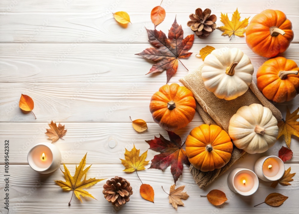Cozy Autumn Composition with Pumpkins, Candles, and Dried Leaves on White Background for Fall and Halloween Celebrations, Featuring Copy Space for Text or Designs Cozy Autumn Composition with Pumpkins, Candles, and Dried Leaves on White Background for Fall and Halloween Celebrations, Featuring Copy Space for Text or Designs