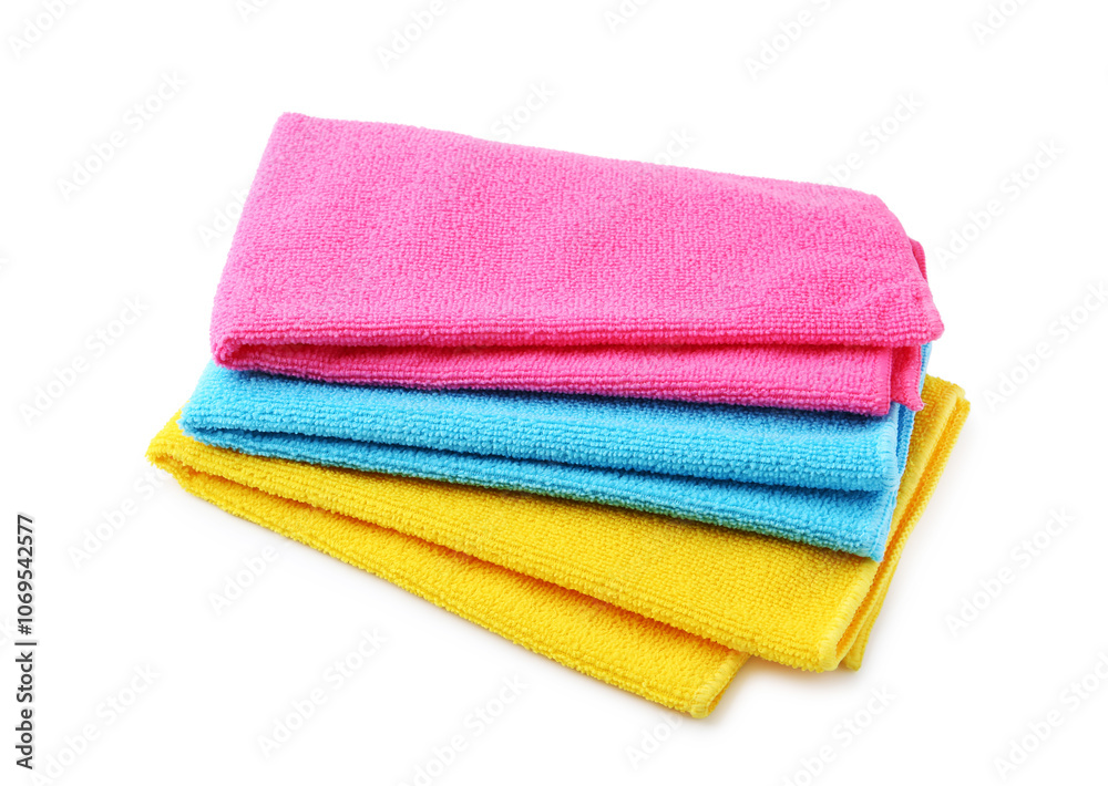 Stack of different microfiber cloths isolated on white Stack of different microfiber cloths isolated on white