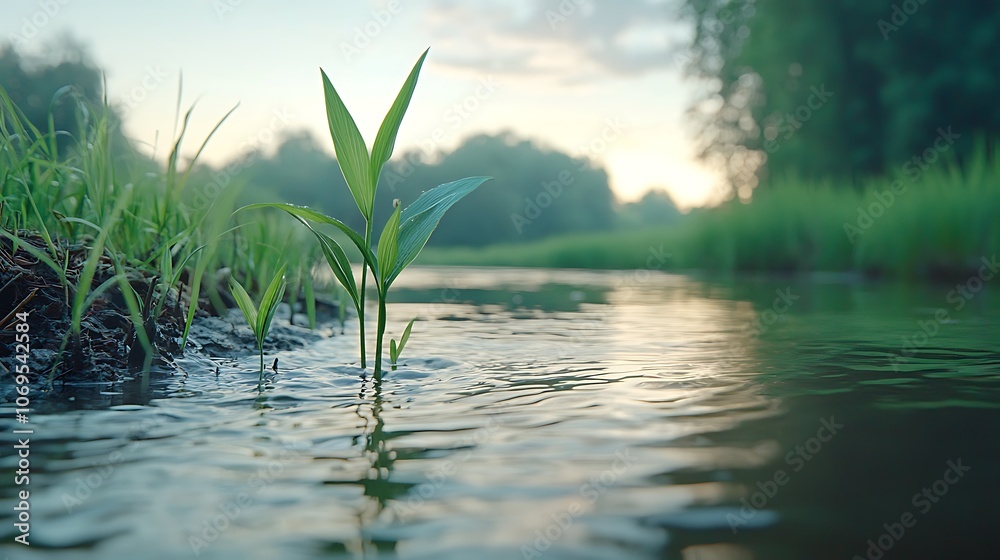Young plant grows resiliently in tranquil water amidst lush greenery at sunset Young plant grows resiliently in tranquil water amidst lush greenery at sunset