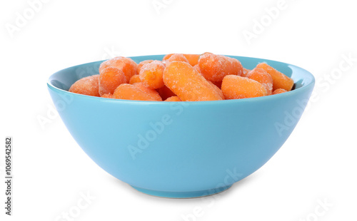 Frozen baby carrots in bowl isolated on white