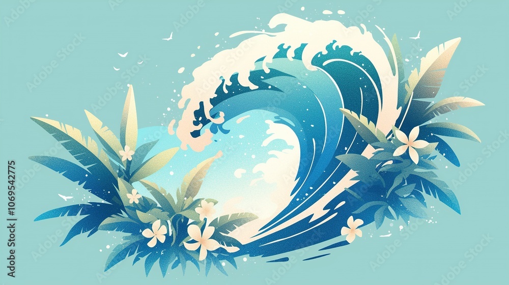 Obraz premium A stylized wave surrounded by tropical plants and flowers, evoking a serene coastal vibe.