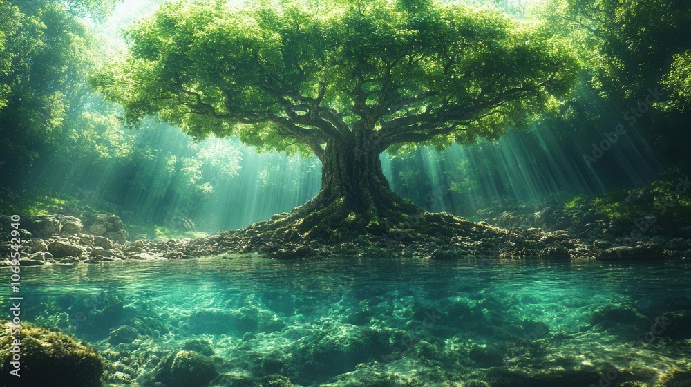 a towering tree with sprawling roots gracefully growing in crystal-clear water, surrounded by a lush green forest, symbolizing life, strength, and harmony with nature a towering tree with sprawling roots gracefully growing in crystal-clear water, surrounded by a lush green forest, symbolizing life, strength, and harmony with nature
