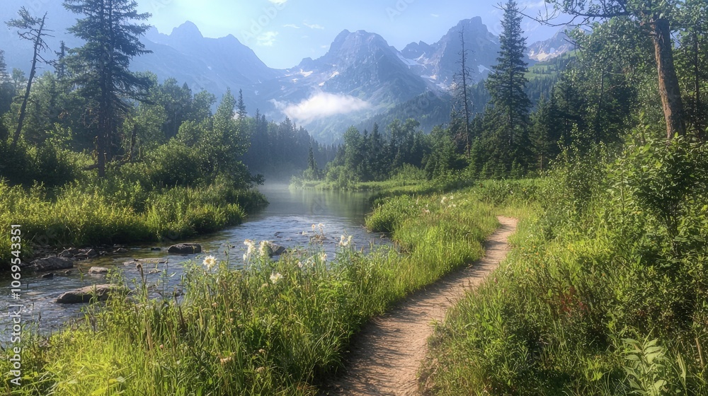 Fototapeta premium Serene mountain landscape with scenic pathway and flowing river