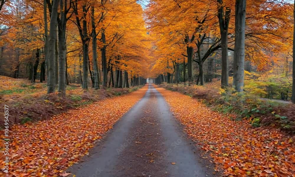 A serene autumn pathway lined with vibrant orange leaves and tall trees. A serene autumn pathway lined with vibrant orange leaves and tall trees.