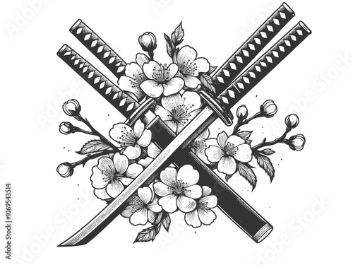 crossed katana swords with cherry blossom flowers. Tattoo design symbolizing strength and beauty in Japanese culture sketch engraving generative ai vector illustration. Black and white image.