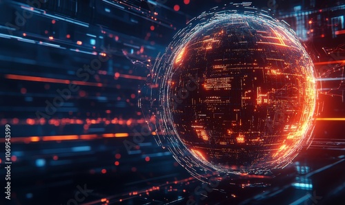 A glowing digital globe surrounded by interconnected lines and nodes illustrating data flow in a futuristic setting