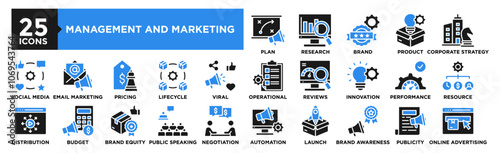 Management and Marketing icon collection set. Containing design strategy, business, analysis, marketing, management	