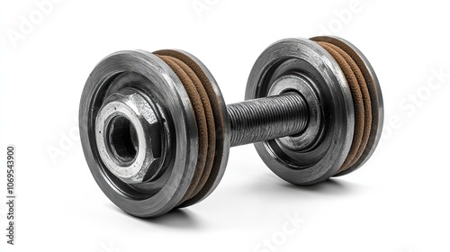 A furniture caster wheel made from metal and plastic, with a rubber wheel, isolated on a white background.