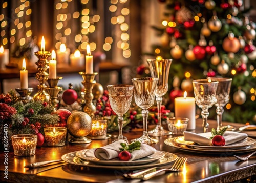 Elegant Luxury Table Settings for Fine Dining with Glassware in a Beautiful Blurred Background for Christmas and Hanukkah Holiday Dinner Preparation