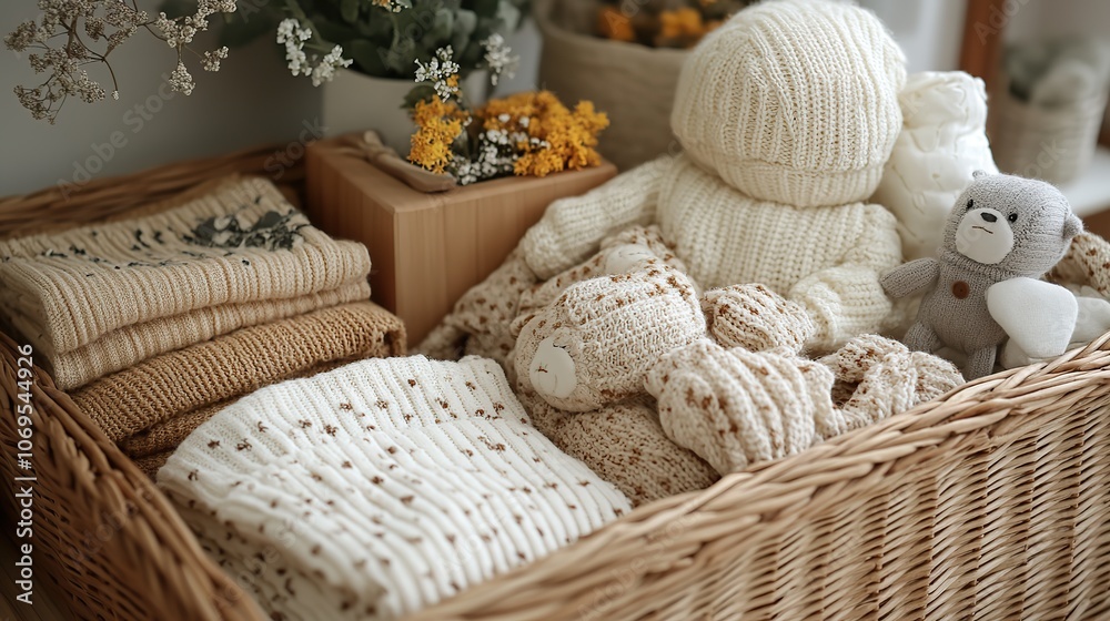A gender-neutral baby gift basket featuring organic clothing, perfect for fashion branding. A gender-neutral baby gift basket featuring organic clothing, perfect for fashion branding.