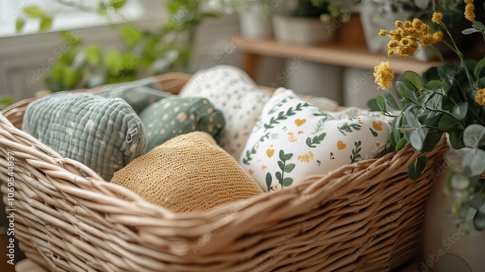 A gender-neutral baby gift basket featuring organic clothing, perfect for fashion branding. A gender-neutral baby gift basket featuring organic clothing, perfect for fashion branding.