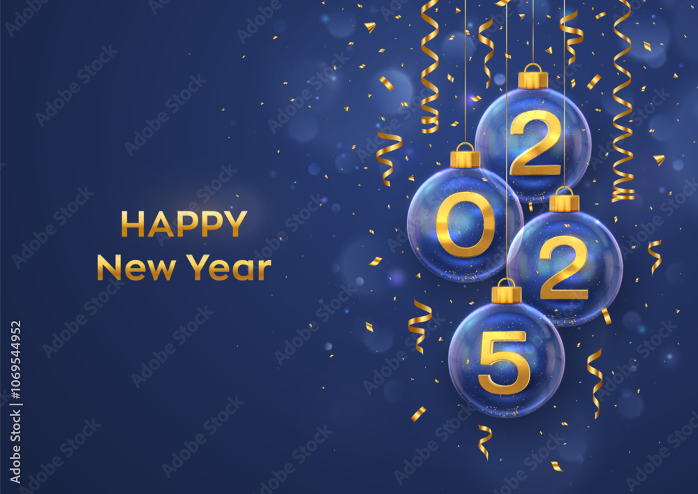 Happy New Year 2025. Golden metal 3D numbers 2025 in glass bauble. Hanging Christmas balls, glitter confetti on blue background. Greeting card. Holiday Xmas poster, banner. Vector Illustration. Happy New Year 2025. Golden metal 3D numbers 2025 in glass bauble. Hanging Christmas balls, glitter confetti on blue background. Greeting card. Holiday Xmas poster, banner. Vector Illustration.