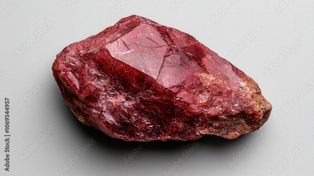 Fototapeta premium Raw ruby crystal on gray background showing natural texture and color